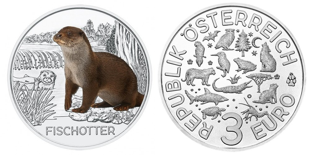 Австрия 3 евро, 2019 Выдра