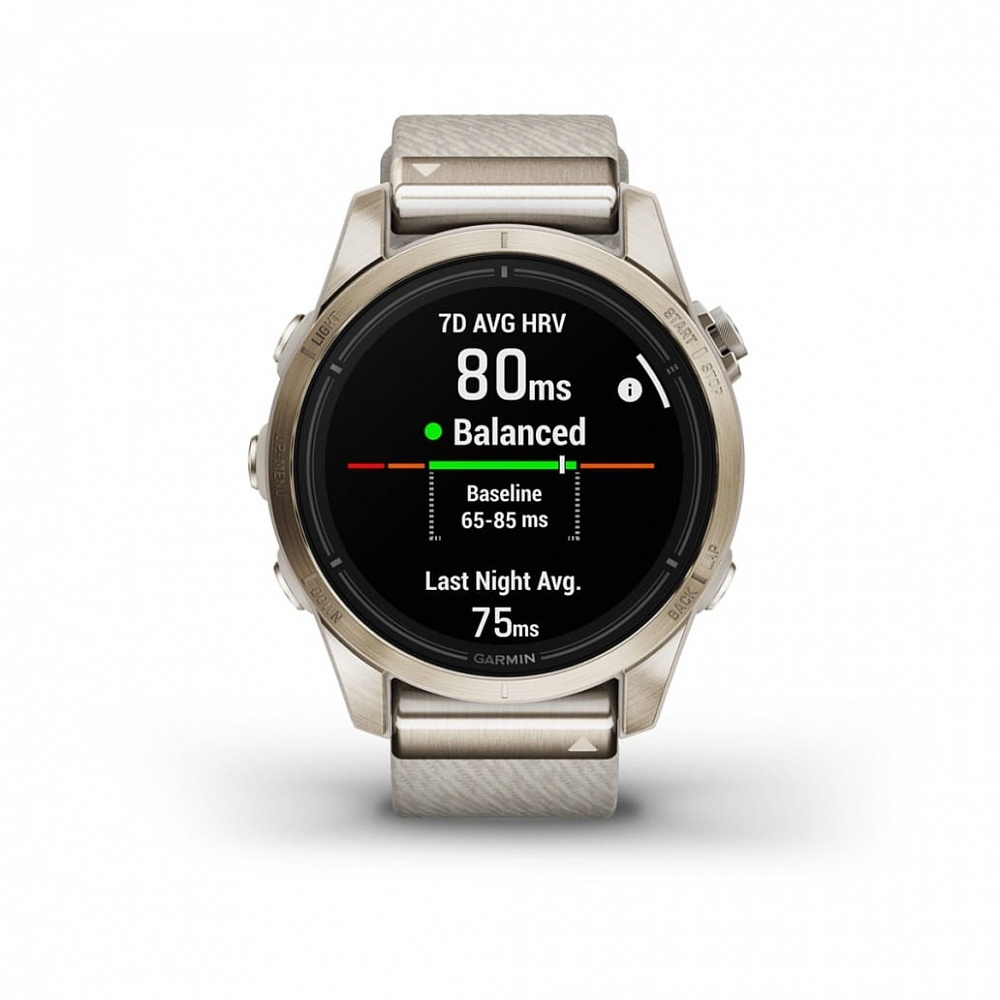 Смарт часы Garmin Epix Pro (Gen 2) Sapphire Edition 42 мм, золотистый корпус с нейлоновым ремешком сливочного цвета