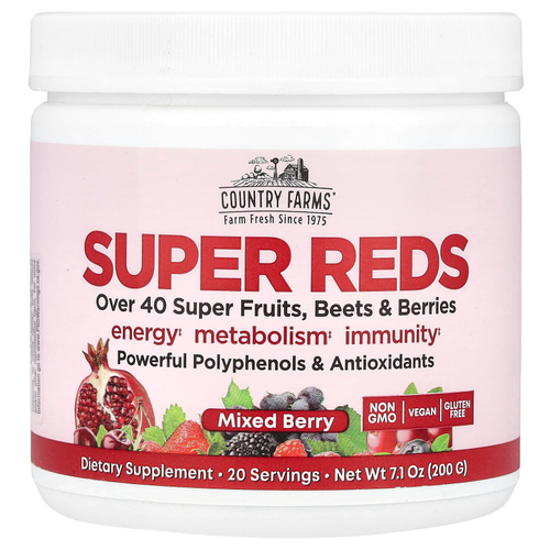 Country Farms, Super Reds, смесь фруктов, корнеплодов и ягод, со вкусом ягодного ассорти, 200 г (7,1 унции)