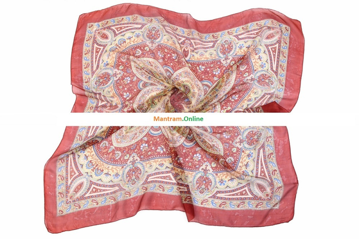 Платок материал Шелк 100% Плотный узор цвет желтый зеленый синий оранжевый на рыже коричневом с рыже-коричневой каймой 100x100см.