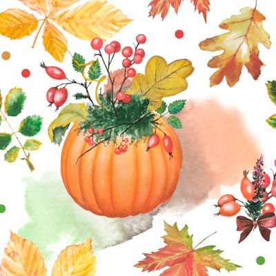 Осенний паттерн с листьями, ягодами и тыквами