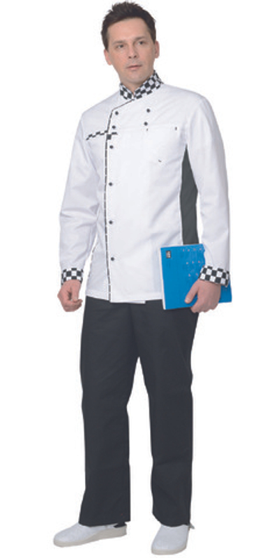 Китель мужской белый с отделкой черно-белая клетка