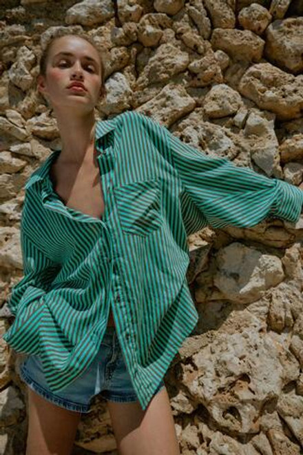 ZARA РУБАШКА ОВЕРСАЙЗ В ПОЛОСКУ, ЛИНЯЛЫЙ ЗЕЛЕНЫЙ
