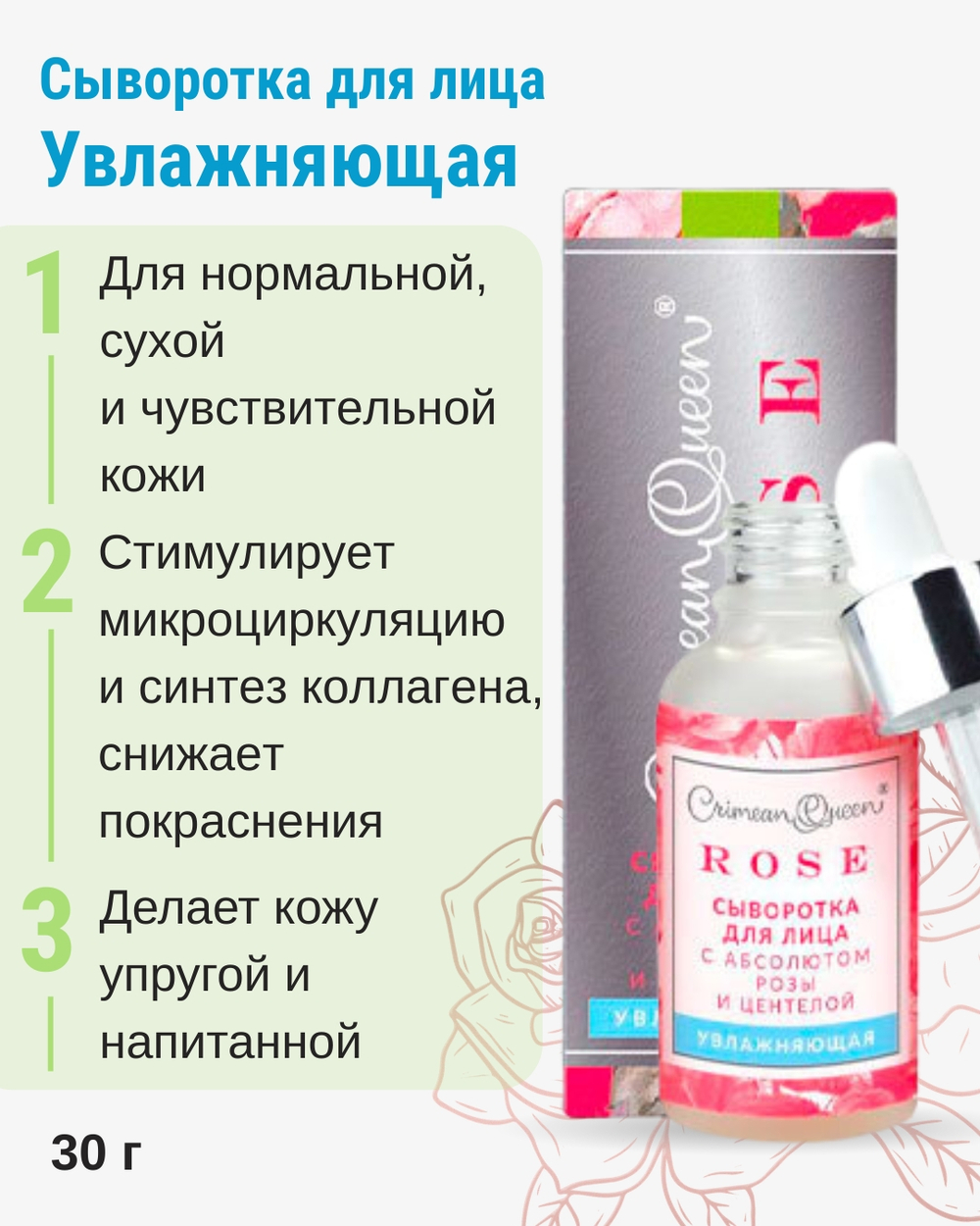 Сыворотка для лица Увлажняющая с абсолютом розы и центеллой, 30 г (9,55 б)