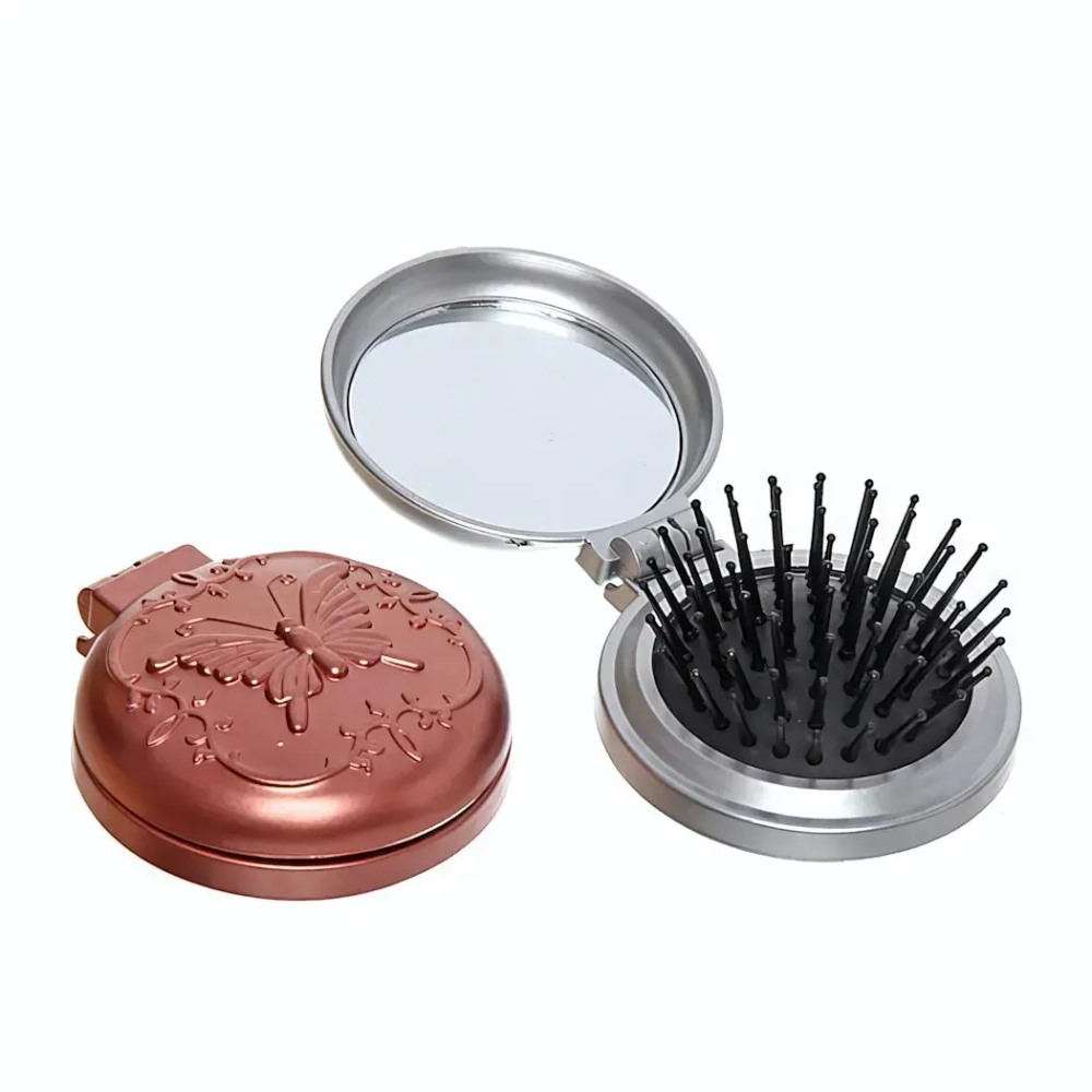 Расческа массажная складная с зеркалом, круглая, на крышке рисунок, d-6,5см●