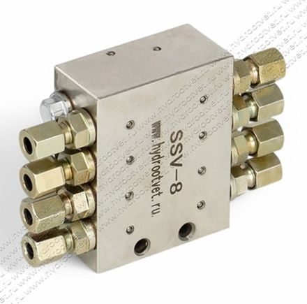 SSV8 - Питатель для прогрессивных систем смазки с рабочим давлением 300 бар, количество выходов 8, максимальная доза 0,2 мл/цикл, без реле