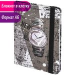 Блокнот с резинкой в клетку 96 л., МАЛЫЙ ФОРМАТ А6 (102х148 мм), твердая обложка, BRAUBERG, "Часы", 113737