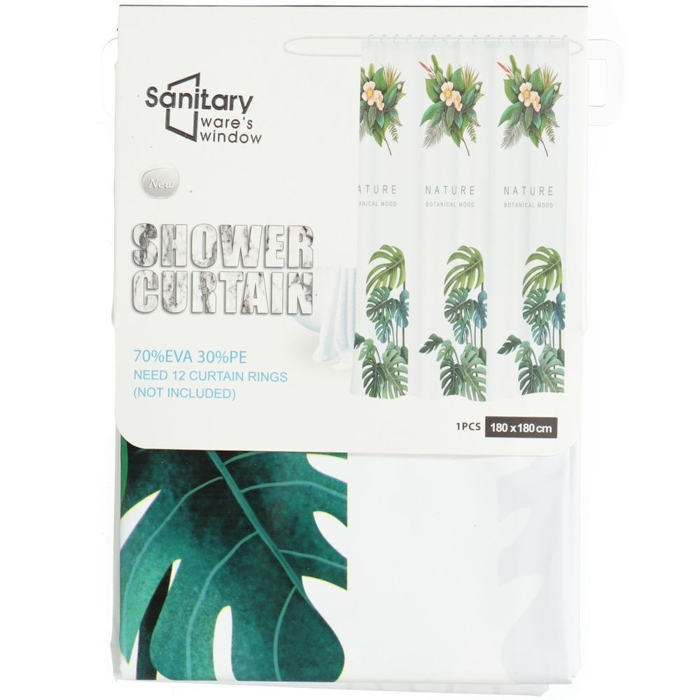 Штора для ванн 180х180 см, ПЭ, Тропический лист, с кольцами, Y3-567