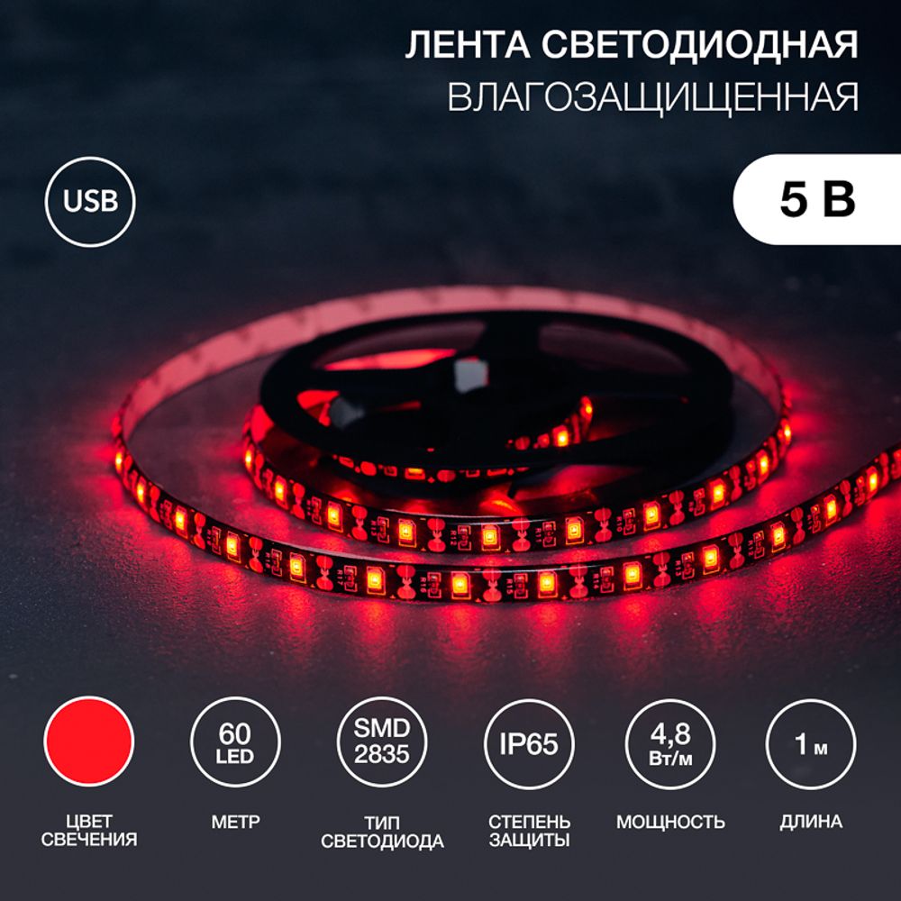Лента светодиодная 5В, SMD2835, 4,8Вт/м, 60 LED/м, красный, 8мм, 1м, с USB коннектором, черная, IP65