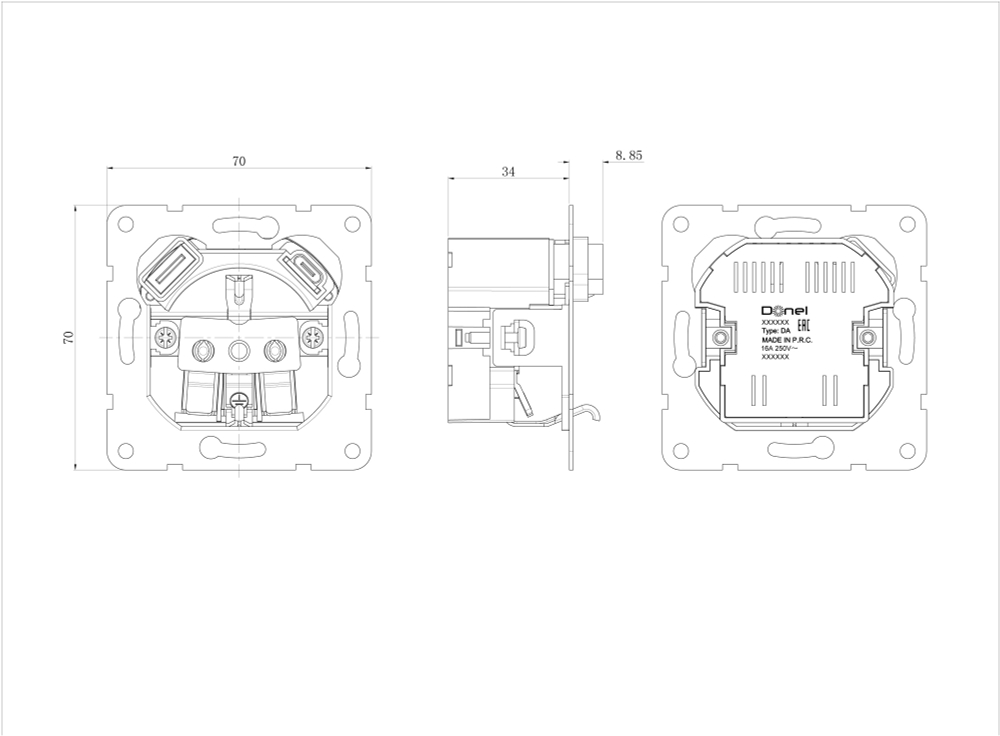 Механизм розетки Schuko 16А 250 В~ с зарядным устройством USB A+C, 5V/4A, мощность 20W, серия DA