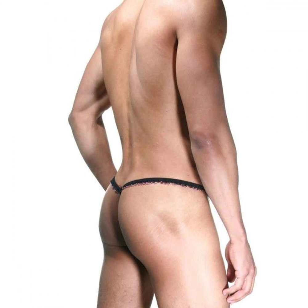 Розово-черные трусы-стринги с рюшей (Размер: S-M) (Цвет: розовый с черным)