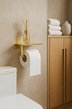 Держатель для туалетной бумаги STWORKI Киркенес S45345GM настенный, матовое золото, с полкой