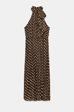 ZARA ПЛАТЬЕ МИДИ В ГОРОШЕК С БАНТОМ, КОРИЧНЕВЫЙ/ЭКРЮ