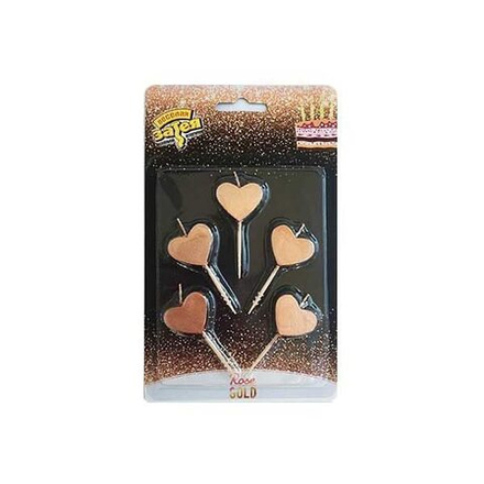 Свечи для торта на пиках Сердца Роз. зол. 5шт