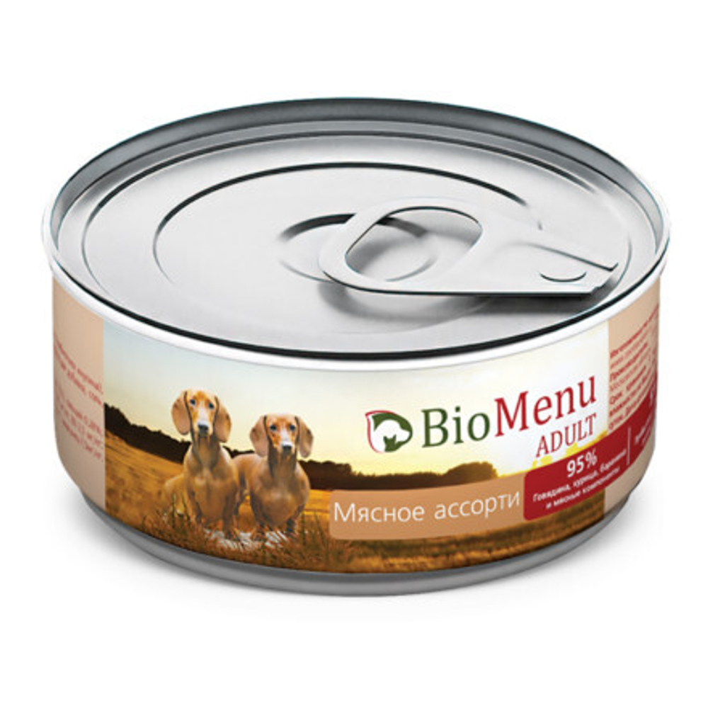 Мясное ассорти 95% МЯСО, 100гр, BioMenu ADULT консервы для собак, жб