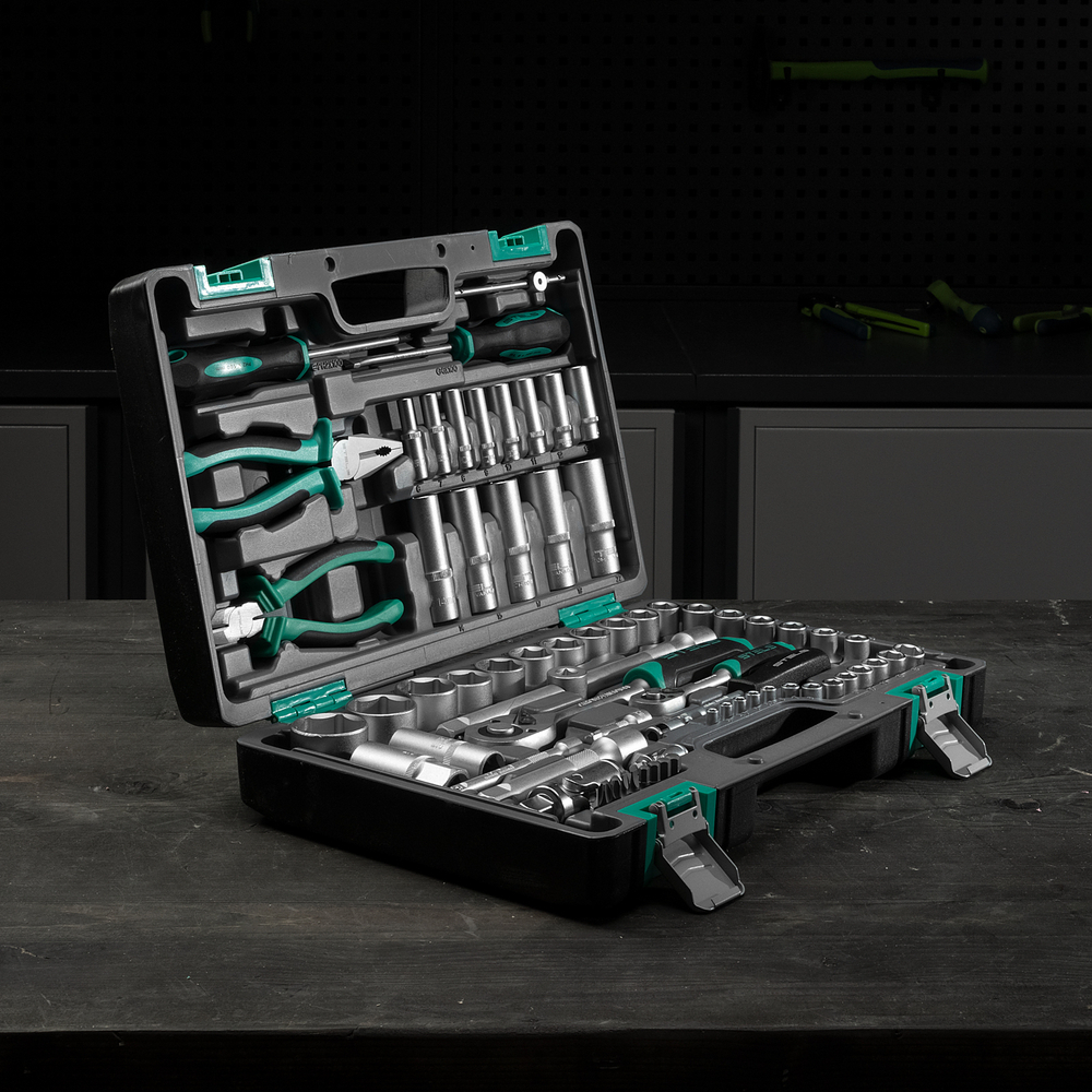 Набор инструментов, 1/2", 1/4", CrV, пластиковый кейс 69 предметов Stels