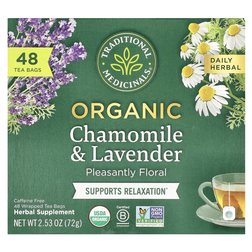 Traditional Medicinals, Herbal Tea, органическая ромашка и лаванда, без кофеина, 48 чайных пакетиков в упаковке, 72 г (2,53 унции)