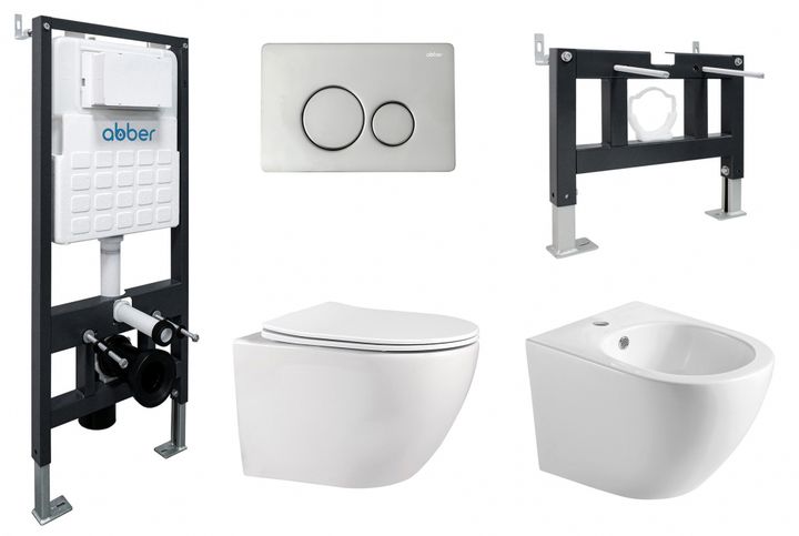 Комплект ABBER унитаз AC1100 белый с инсталляцией AC0105 и кнопкой AC0121 хром, биде AC1150 с инсталляцией AC0101P