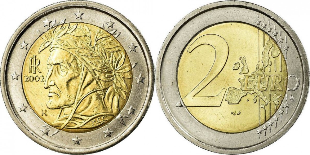 Италия 2 евро, 2002-2007 Данте Алигьери XF