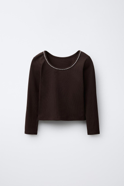 ZARA ТОП В РУБЧИК СО СТРАЗАМИ, КОРИЧНЕВЫЙ