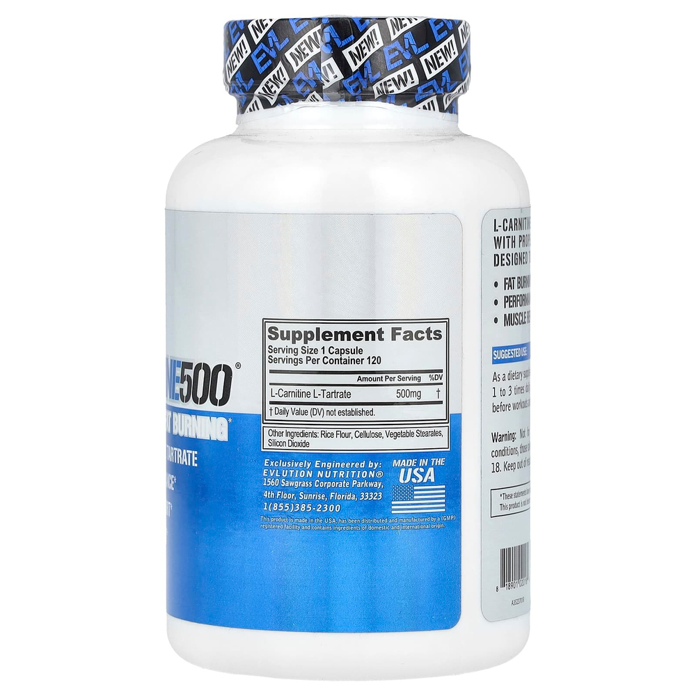 EVLution Nutrition, L-Carnitine500®, L-карнитин, 500 мг, 120 капсул