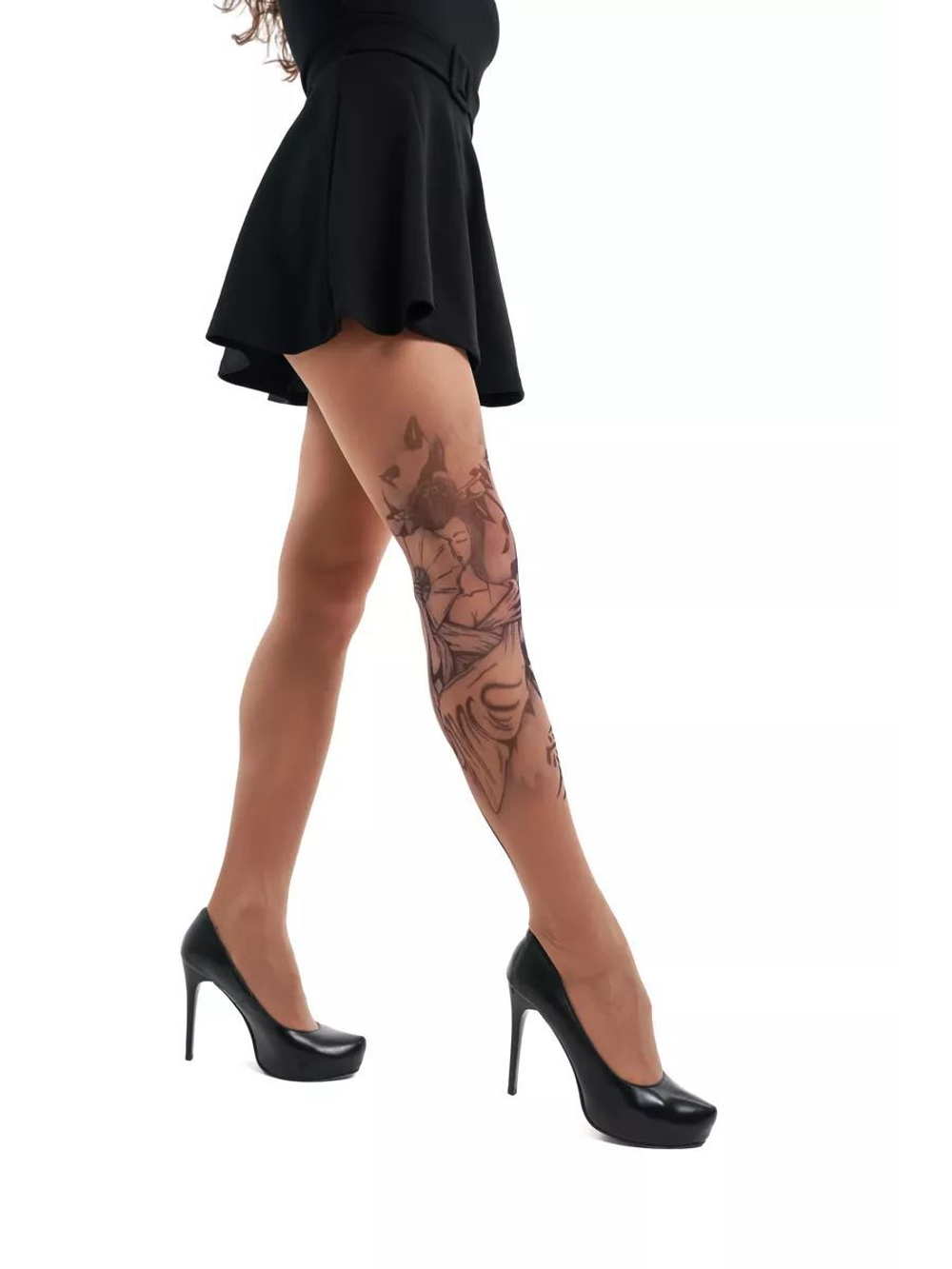 Колготки с принтом в виде гейши с веером (Размер: S-M-L) (Цвет: бежевый)