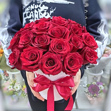 Шляпная коробка с 25 розами сорта "Эксплорер" (Эквадор 60 см)