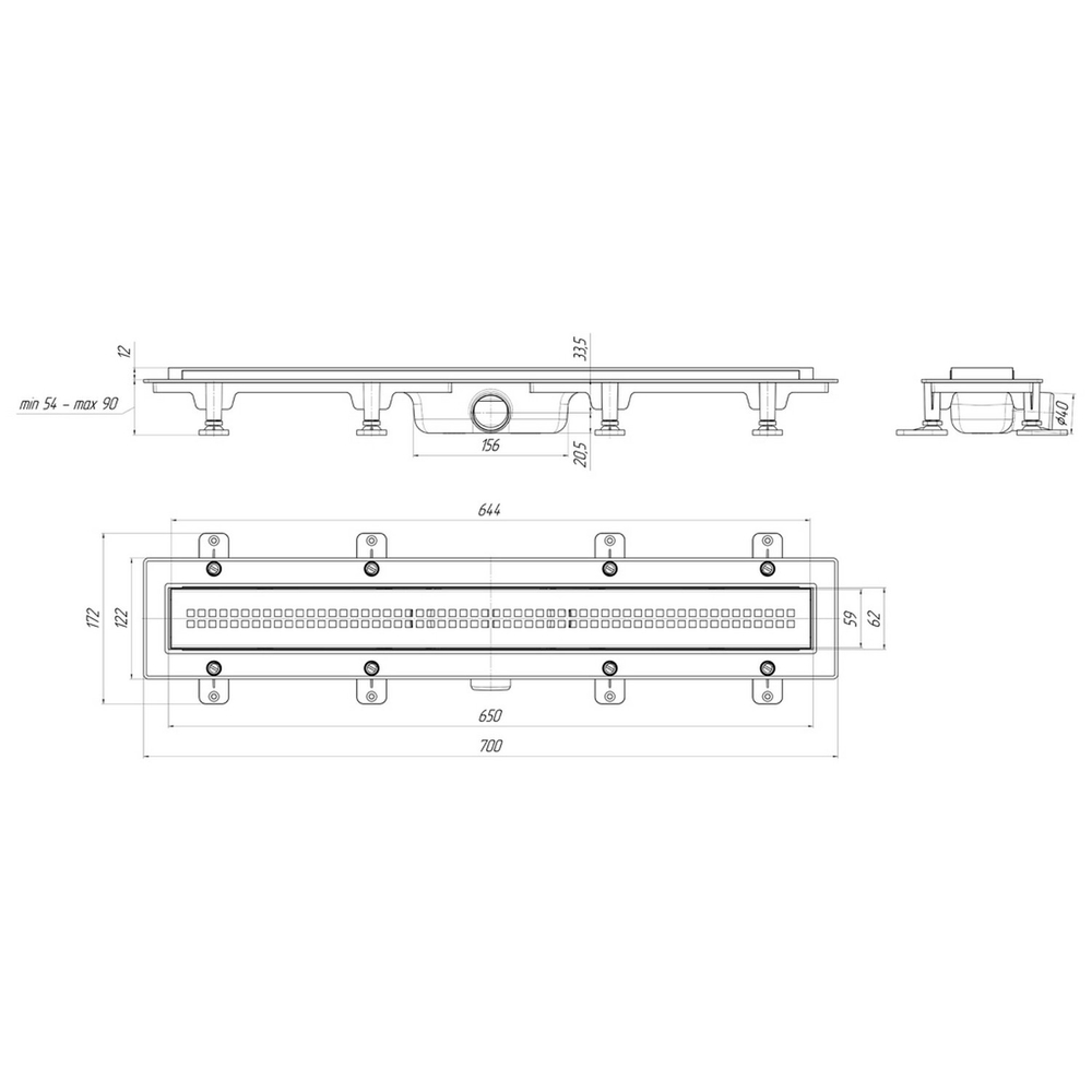Трап линейный пласт. СУХОЙ 650*62 вып.40мм, стальн. нерж решетка глянец "Риф" АНИ пласт TLQ1265G
