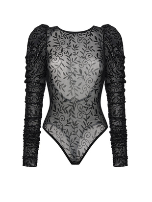 Боди с драпированными рукавами из эластичной сетки с узором