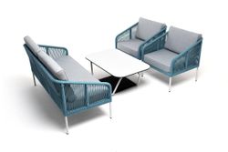 "Канны" лаунж-зона 4-местная из роупа со столом "Гранада" (молочный), каркас алюминиевый светло-серый, роуп бирюзовый