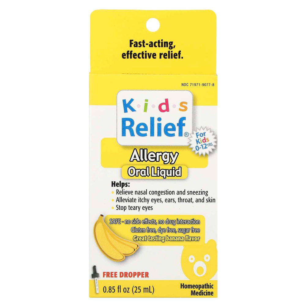 Homeolab USA, Kids Relief®, жидкость для перорального применения от аллергии, 0–12 лет, банан, 25 мл (0,85 жидк. унц.)