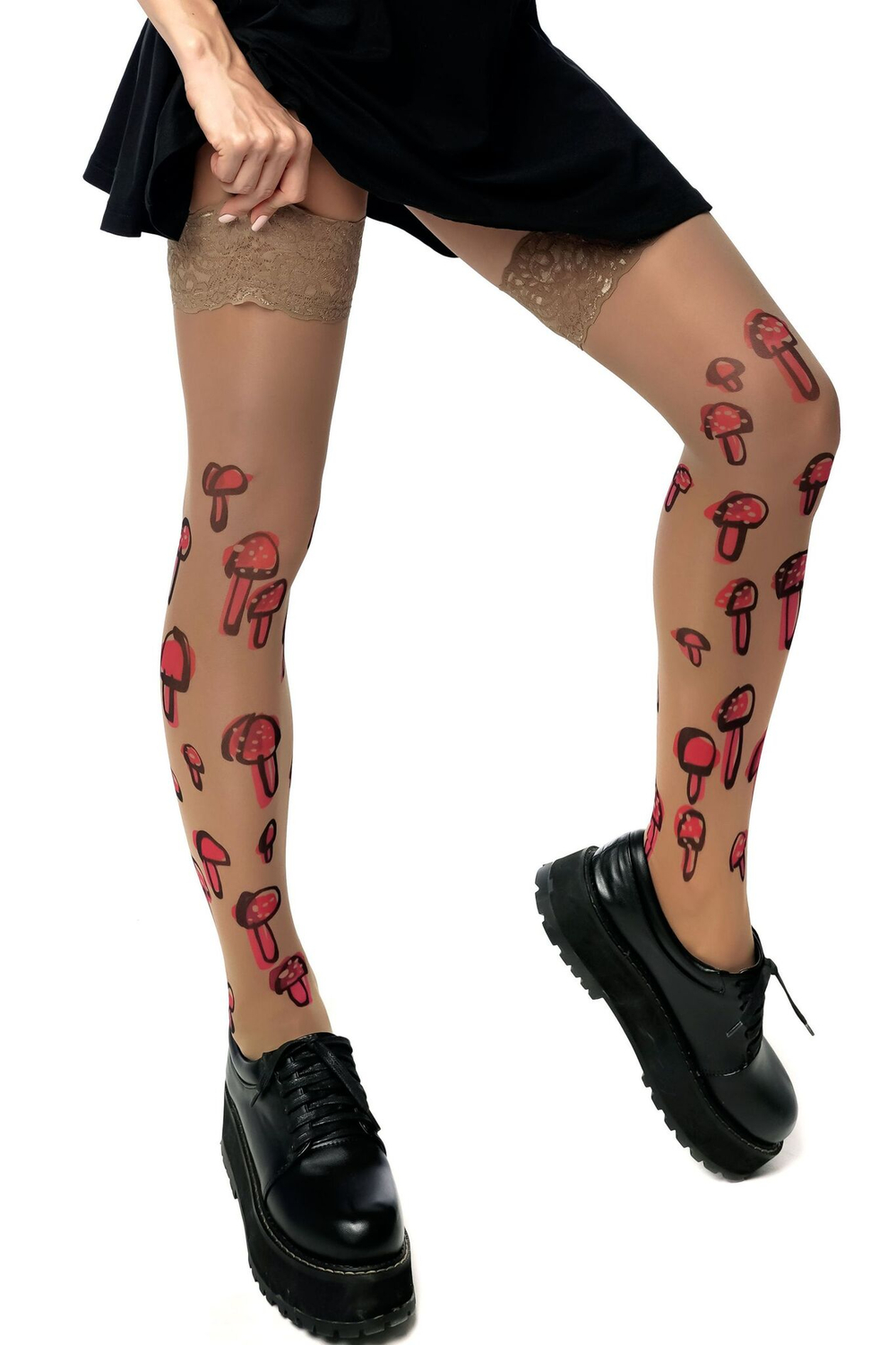 Чулки с принтом в виде грибов (Размер: S-M-L) (Цвет: бежевый)