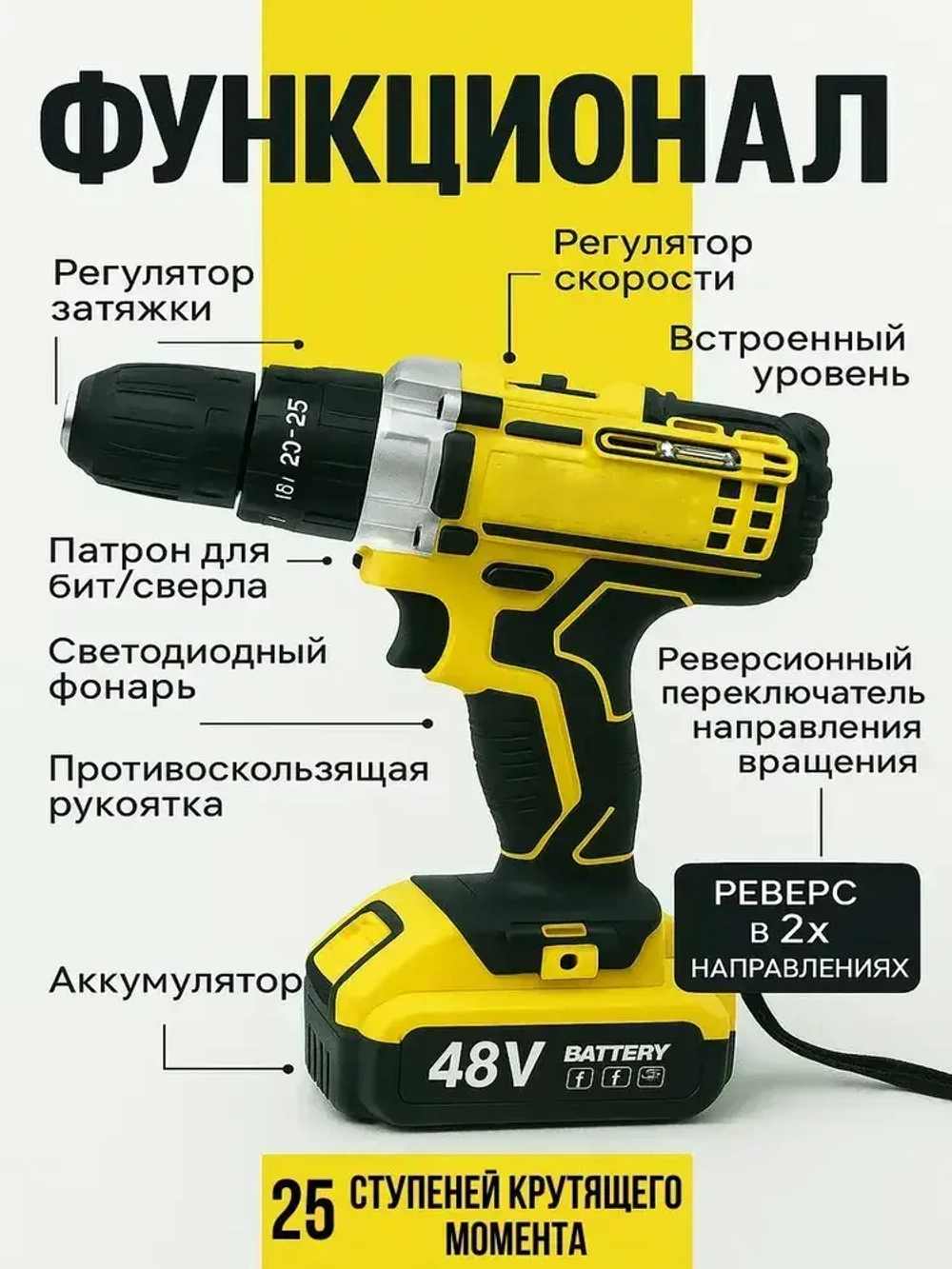 Дрель-шуруповерт аккумуляторный, 21 В, 42 Нм, 2 АК