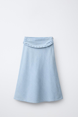 ZARA СВОБОДНАЯ ЮБКА МИДИ С ЗАКЛЕПКАМИ, ГОЛУБОЙ