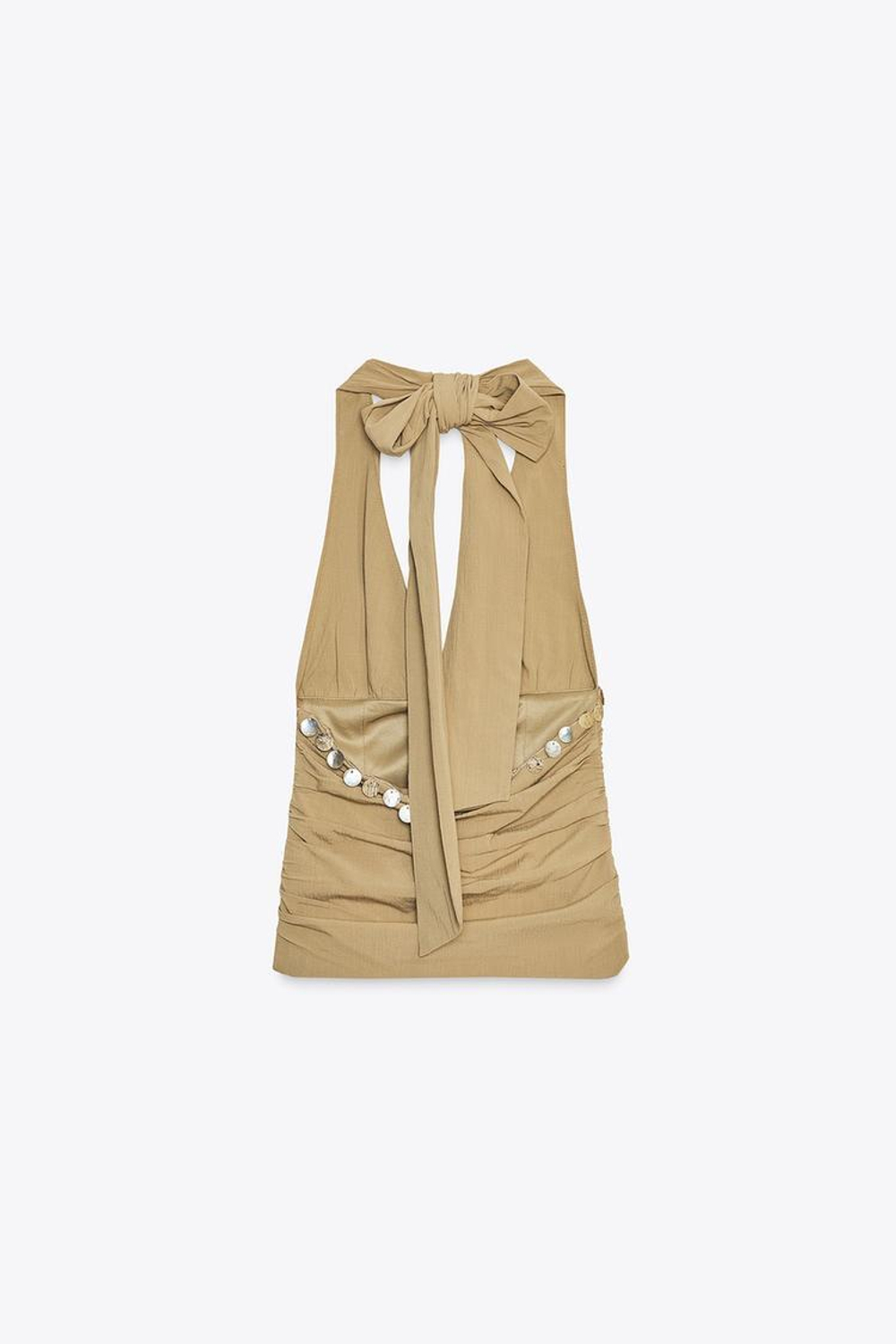 ZARA ТОП С ГОРЛОВИНОЙ ХАЛТЕР И БУСИНАМИ, РЫЖЕВАТО-КОРИЧНЕВЫЙ