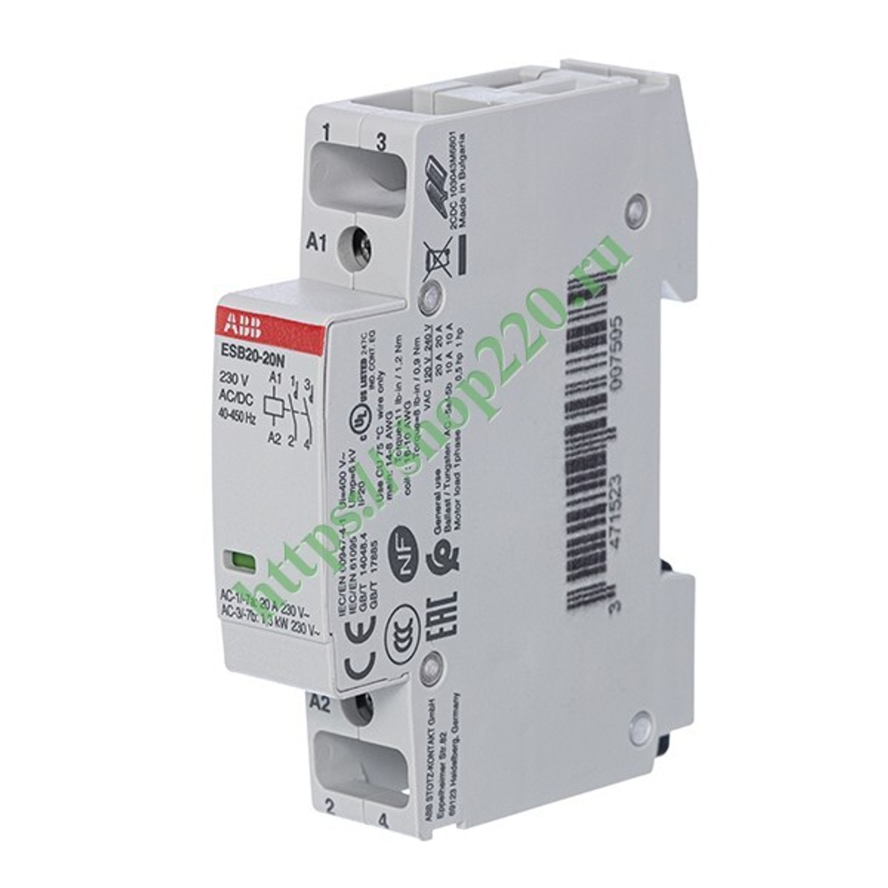 Контактор ESB20-20N-06 модульный (20А АС-1, 2НО), катушка 230В AC/DC 1 модуль 1SBE121111R0620