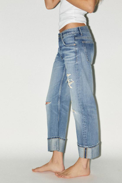 ZARA ДЖИНСЫ TRF STRAIGHT-LEG MID-RISE С РАЗРЕЗАМИ, ГОЛУБОЙ