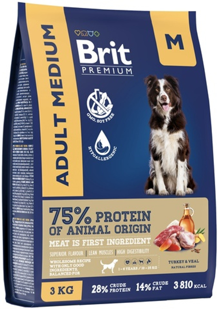 BRIT PREMIUM, Сухой корм с индейкой и телятиной для собак "Dog Adult Medium", 3 кг,