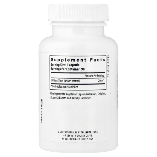 Vital Nutrients, Литий, 20 мг, 90 веганских капсул