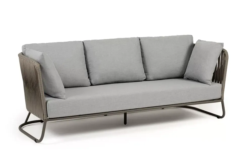 "Багамы" диван 3-местный плетеный из роупа, каркас алюминий бежево-серый (RAL7006) муар, роуп серо-коричневый 23мм, ткань светло-серая
