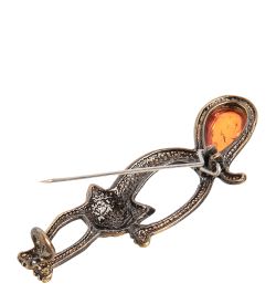 AM- 907 Брошь «Кот ленивый» (латунь, янтарь)