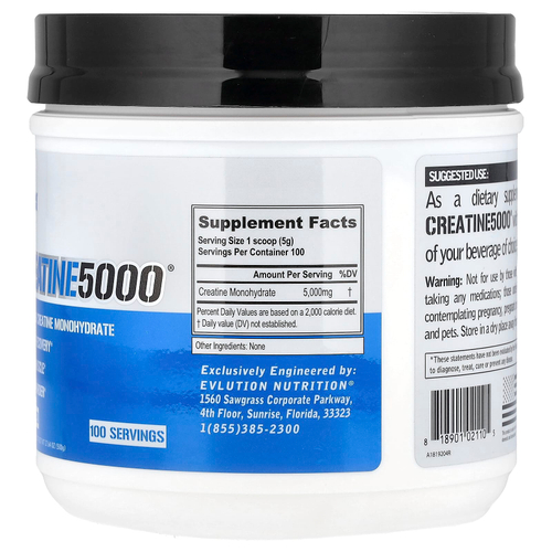 EVLution Nutrition, Creatine5000®, без добавок, 500 г (17,64 унции)
