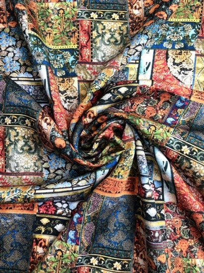 штапель-шелк принт печворк теракот/зеленый BST