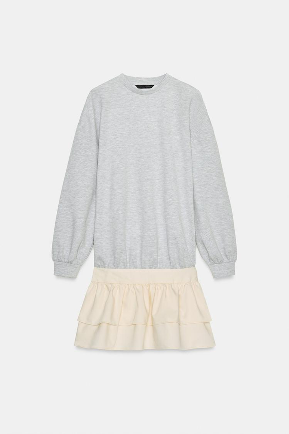 ZARA КОРОТКОЕ КОМБИНИРОВАННОЕ ПЛАТЬЕ С ВОЛАНАМИ, ЭКРЮ МЕЛАНЖ