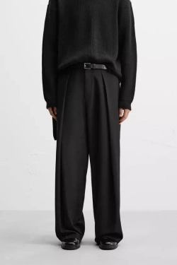 ZARA БРЮКИ WIDE-LEG СО СКЛАДКАМИ, ЧЕРНЫЙ