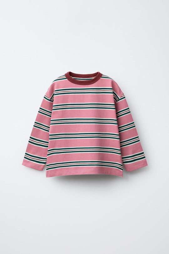 ZARA ФУТБОЛКА ИЗ ПЛОТНОЙ ТКАНИ В ПОЛОСКУ, РОЗОВЫЙ