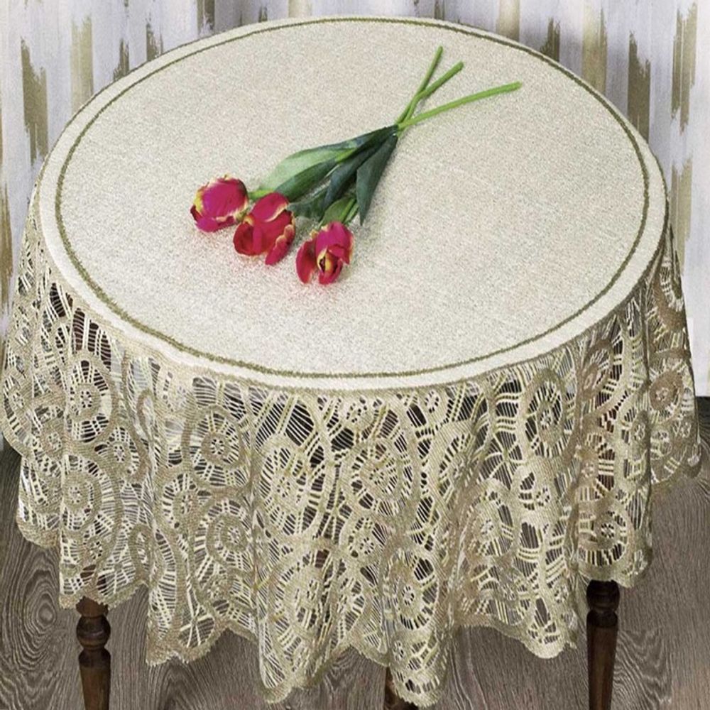 Скатерть жаккардовая круглая, цвет кремово-золотистый, Польша. Скатерть жаккардовая круглая, цвет кремово-золотистый, Польша.