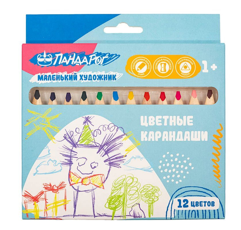 Карандаши цветные ПандаРог Маленький Художник, 12 цветов, деревянные, трехгранные