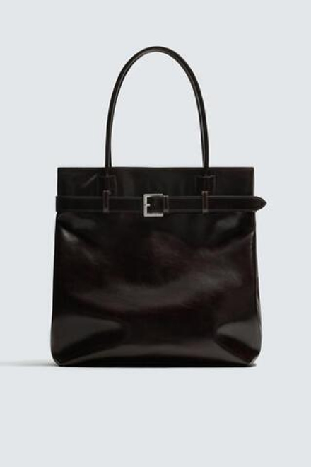 ZARA КОЖАНАЯ СУМКА-ШОПЕР С ДЕТАЛЬЮ В ВИДЕ РЕМНЯ, КОРИЧНЕВЫЙ