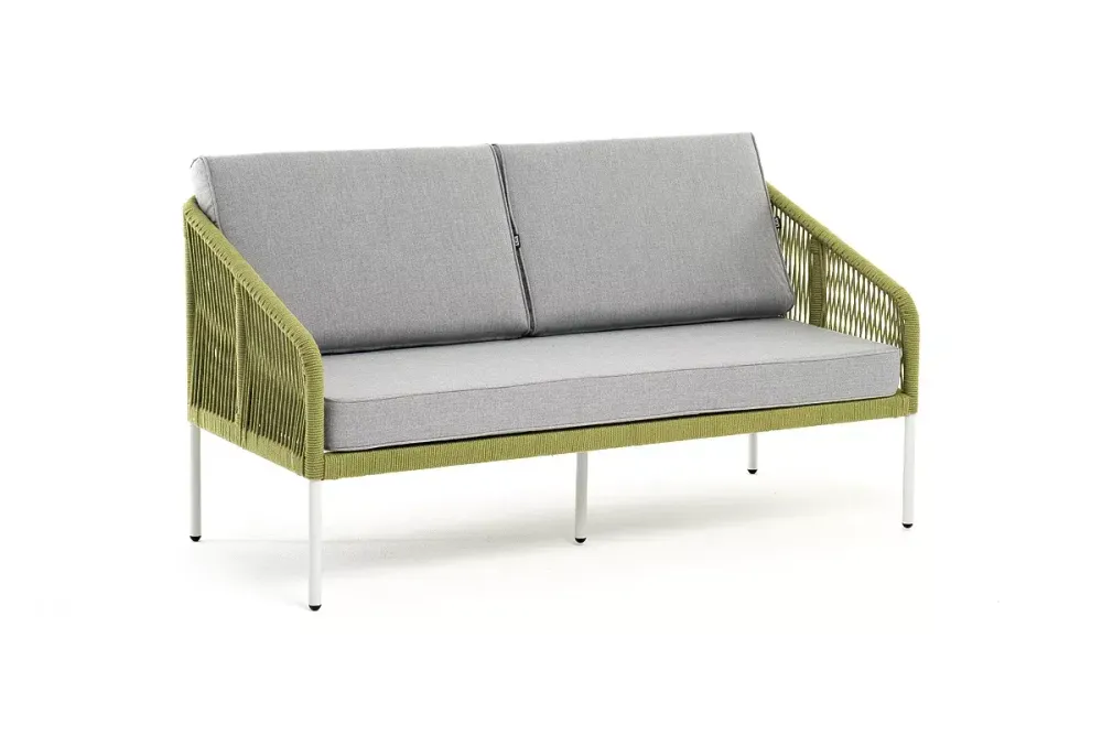 "Канны" диван 2-местный плетеный из роупа, каркас алюминий светло-серый (RAL7035) муар, роуп салатовый меланж круглый, ткань светло-серая